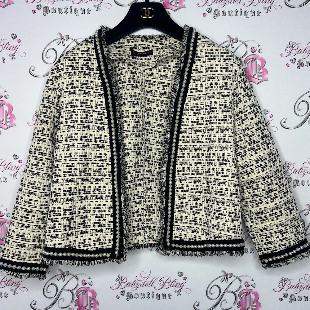 SHEIN blazer with faux pearl trim sparkly cream and black stunning tweed fabric